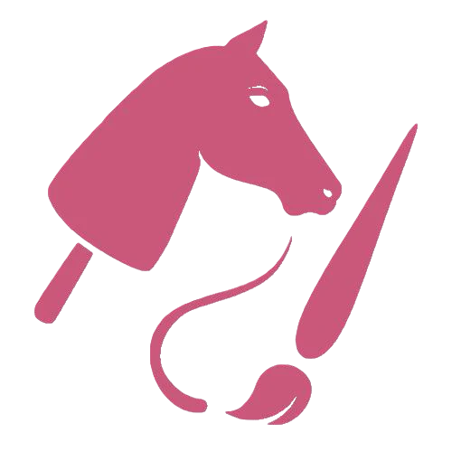 Graphisme rose stylisé combinant une glace à l’eau, une tête de cheval, un point d’exclamation, un pinceau et une spirale sur fond clair.