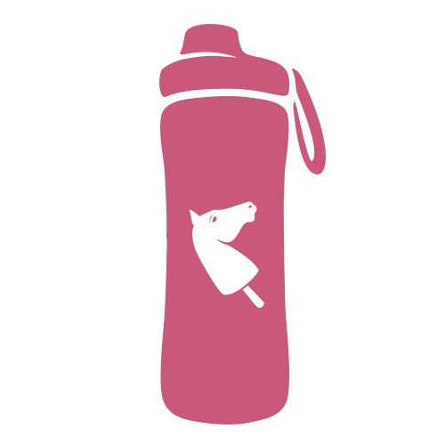 Bouteille d’eau rose avec sangle, avec un motif blanc de glace à l’eau avec une tête de cheval sur le devant.