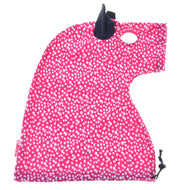 The Hobby Horse LarDen Protective Suit Minie (Lycra) is a bright pink cover with white spots, black ear, top hole, and black drawstring. Washable and stylish, it keeps your hobby horse clean and protected.