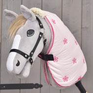 Pink stable blanket with embroidered flowers and silver trim worn by a grey Hobby Horse