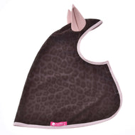 The Raincoat Milly by Hobby Horse LarDen is a dark brown, leopard-print pet cape with light pink trim and two pointed ear shapes, designed for all weather. Displayed flat on a white background.