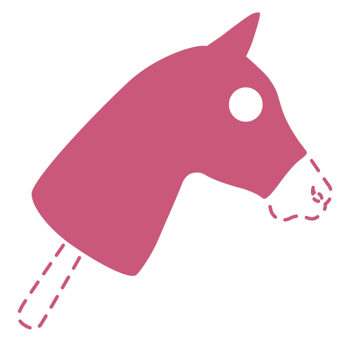 Illustration rose simple d'une tête de Hobby Horse avec un œil en bouton, une base en bâton et des lignes en pointillés indiquant des parties manquantes, sur un fond gris clair.