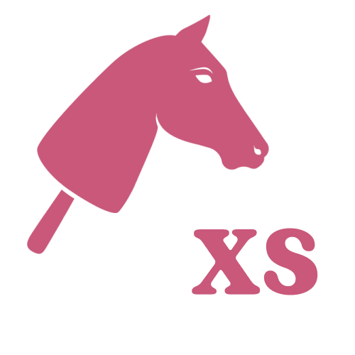 A pink illustration of a horses head on a stick appears next to the bold pink letters XS on a light background.