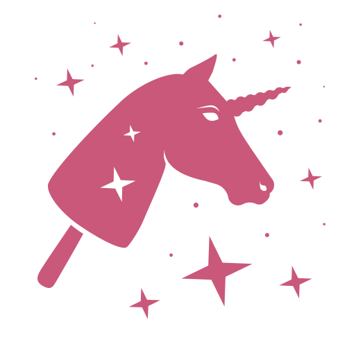 Illustration rose d'une tête de licorne combinée à une glace à l'eau, entourée de diverses étoiles scintillantes sur un fond clair.