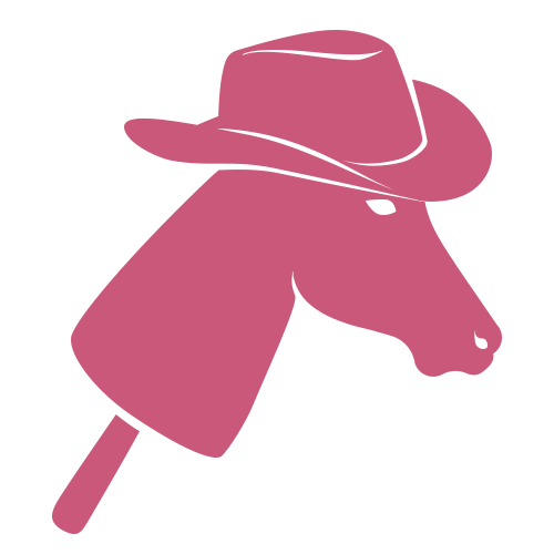 Illustration simple d'un jouet cheval sur bâton avec un chapeau de cowboy, dessinée en rose uni sur un fond clair.