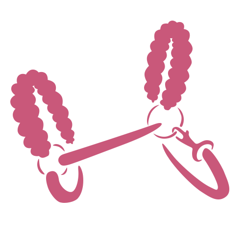 Illustration rose simple d'un mors de cheval avec des rênes tressées attachées des deux côtés, sur fond blanc uni.