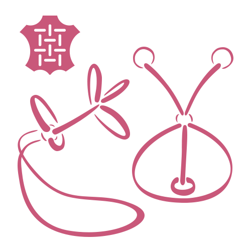 Dessin minimaliste rose montrant des schémas pour nouer deux types de nœuds en cuir, avec un symbole de cuir tressé dans le coin supérieur gauche, le tout sur un fond gris clair.