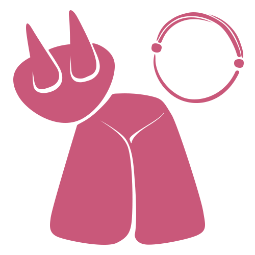 Illustration abstraite rose simple ressemblant à un chat stylisé avec des oreilles pointues et une queue enroulée, sur fond blanc.