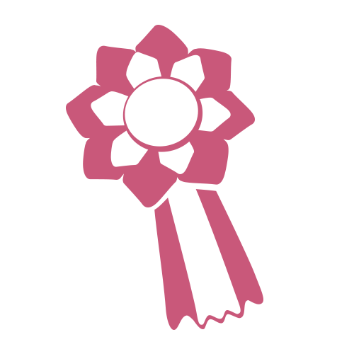 Cocarde rose simple avec un centre circulaire et deux rubans tombants, représentée sur fond blanc uni.
