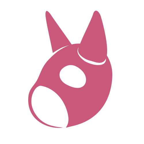 Illustration graphique rose simple d'une tête de chien, représentée avec des oreilles pointues et une ouverture pour l'œil, ressemblant à un masque stylisé sur fond blanc uni.