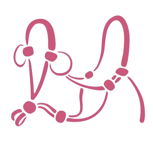 Dessin minimaliste au trait d'une tête de cheval rose, créé avec de simples lignes courbes et des formes arrondies pour suggérer les traits de l'animal et un licol, sur fond blanc uni.