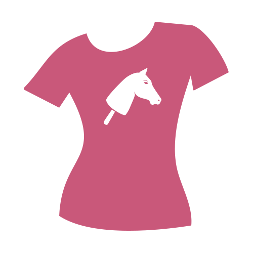 T-shirt ajusté rose avec un motif graphique blanc d’une tête de cheval sur un bâton, ressemblant à un jouet Hobby Horse, centré sur la poitrine.