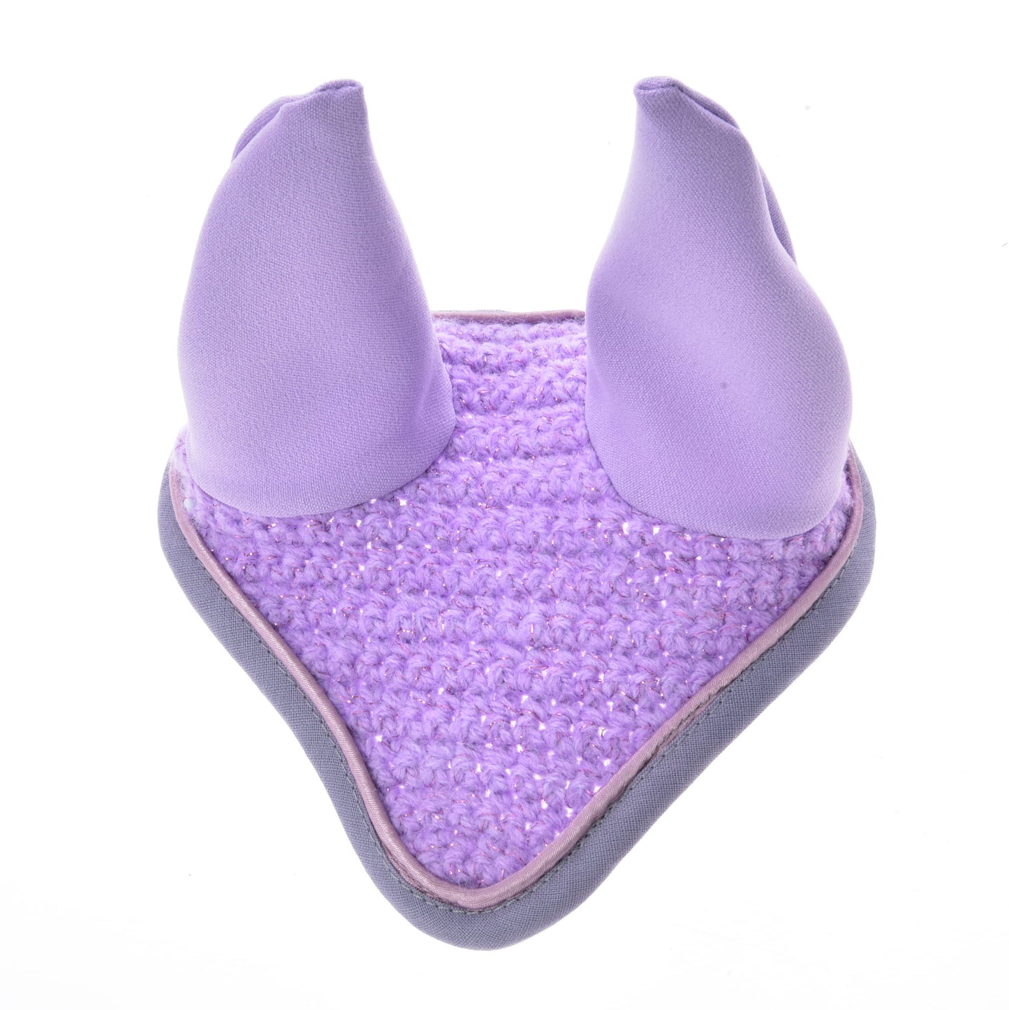 The Hobby Horse LarDen Ear bonnet Orchid is a purple crocheted ear bonnet with soft fabric ear covers and gray trim, designed to protect horses from insects and provide comfort.