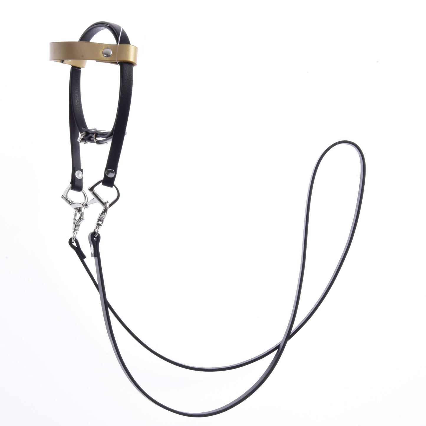 Complete black leatherete bridle with gold headband