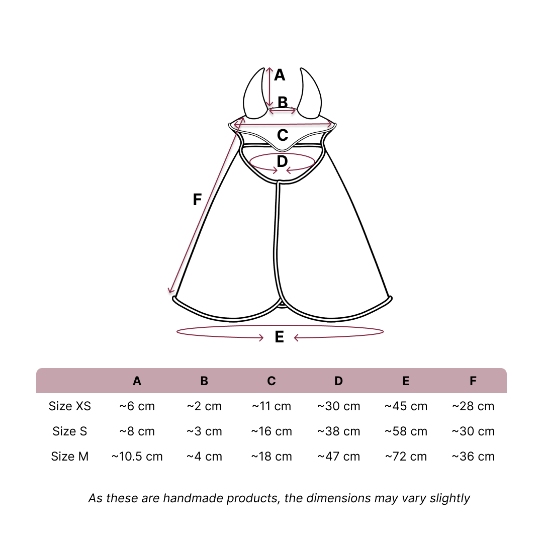 Schéma montrant les mesures d’une cape avec capuche, indiquées de A à F, idéal pour les passionnés de Hobby Horsing. Un tableau en dessous présente les tailles approximatives XS, S et M avec les mesures en centimètres. Remarque : les tailles peuvent varier légèrement.