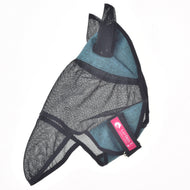 Fly Mask De Luxe Full Turquoise Hobby Horse mask laid flat, showing black mesh and turquoise lycra panels