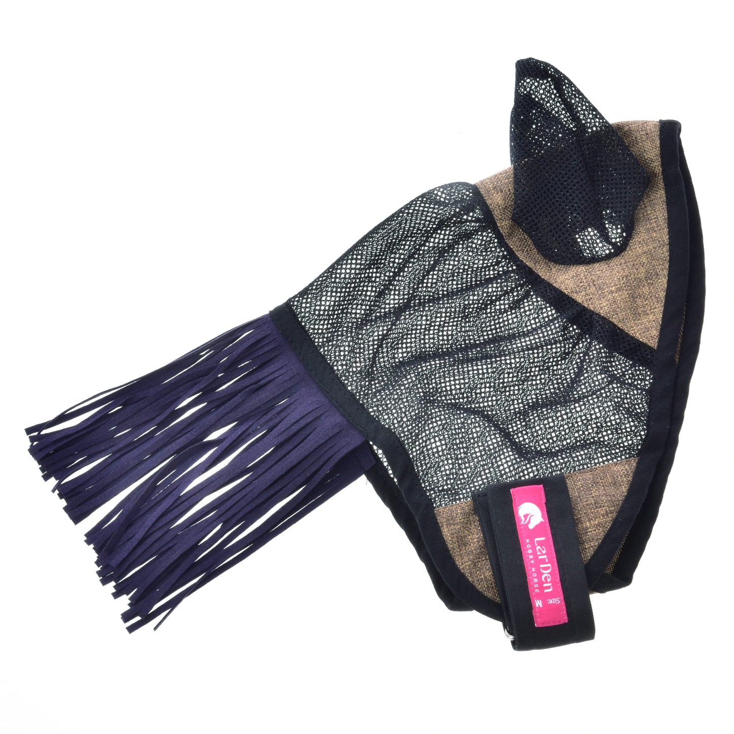 Masque anti-mouches De Luxe Mona de Hobby Horse LarDen, bonnet anti-mouches en maille marron et noire avec franges bleu marine et étiquette LeMieux rose, idéal comme masque anti-mouches ou pour les activités de Hobby Horse.