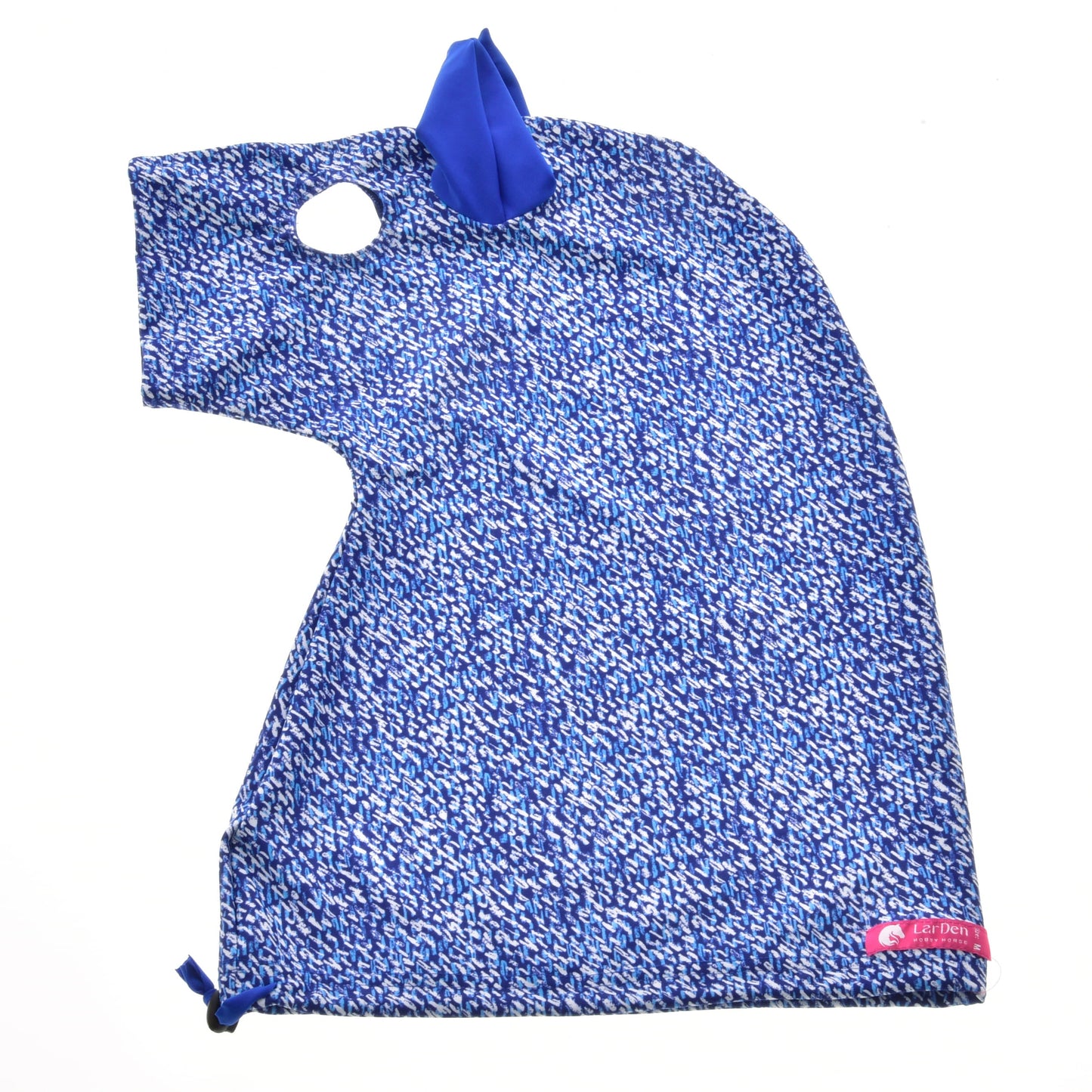 The Hobby Horse LarDen "Hobby Horse protective suit See" is a blue and white patterned Lycra suit with a hole and pointy blue top, shown flat on a white background.