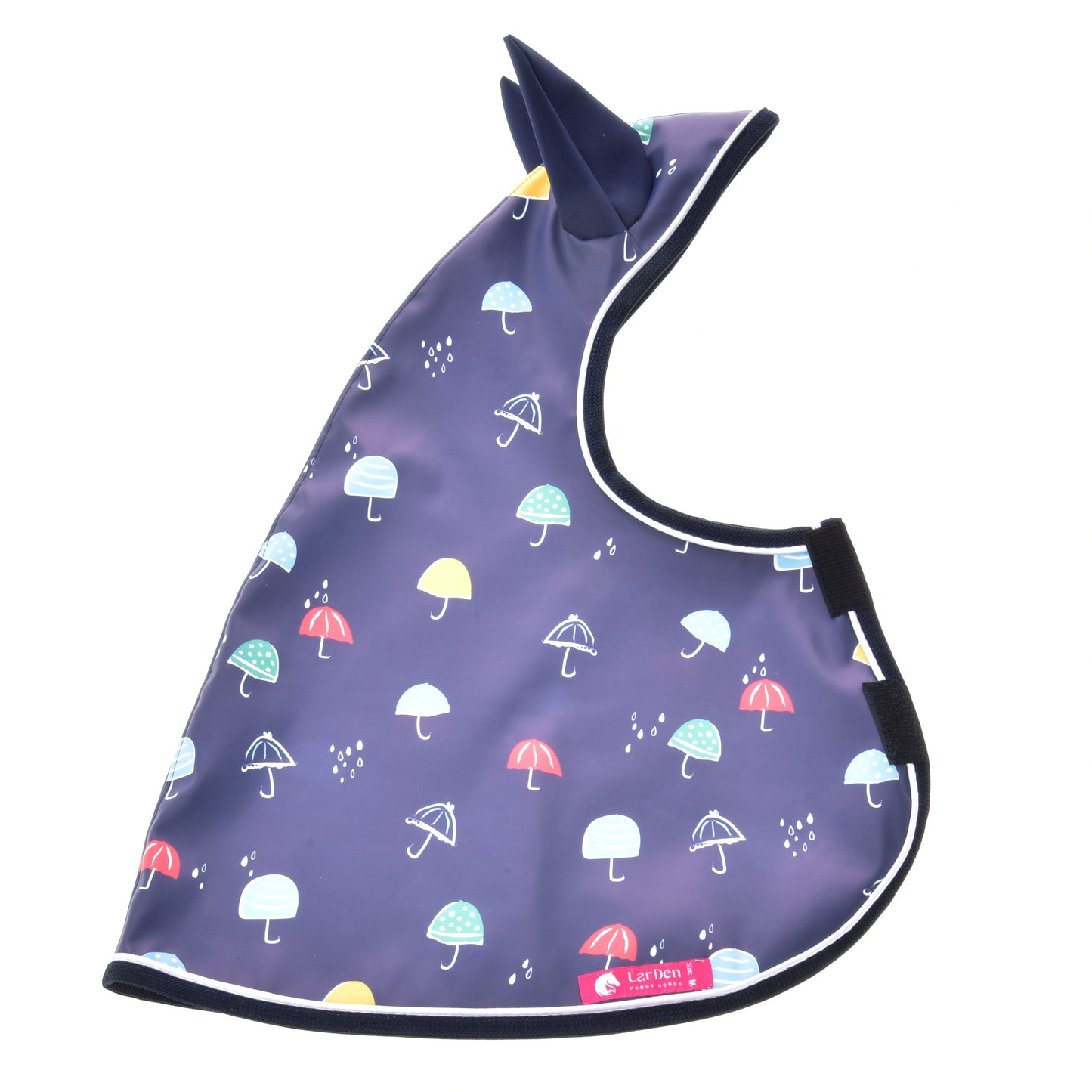 The Raincoat Rainy by Hobby Horse LarDen is a dark blue all-weather bib with colorful mushroom and umbrella prints, a pointed hood, velcro closure—ideal for outdoor fun or Hobby Horse adventures.