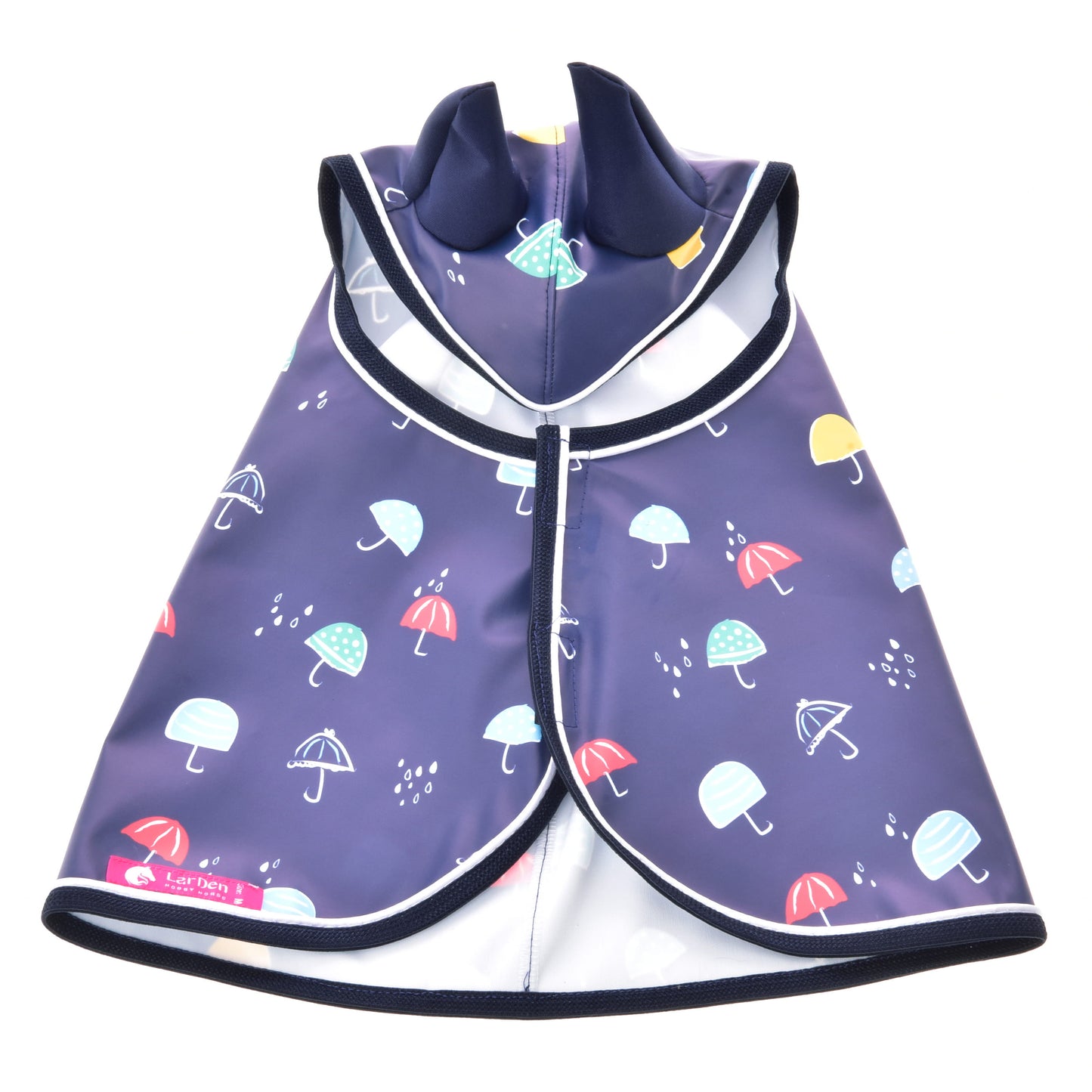 The Raincoat Rainy by Hobby Horse LarDen is a dark blue all-weather pet raincoat with colorful umbrella and raindrop patterns, front zipper, and folded collar—ideal for rainy day walks or Hobby Horse adventures.