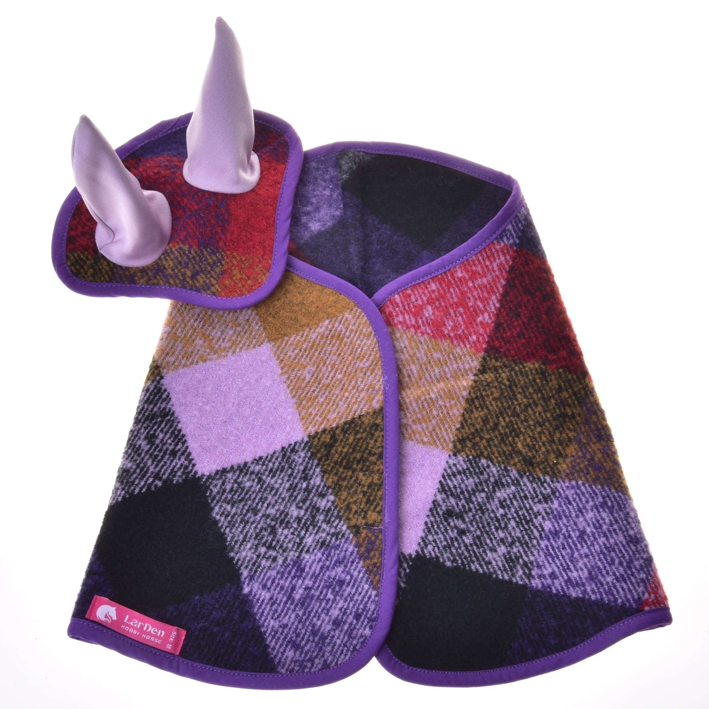 The Hobby Horse LarDen Set Autumn Plaid 2 features a colorful plaid dog coat with purple trim and a matching ear bonnet with light purple plush ears, shown on a white background.