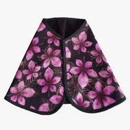 The Hobby Horse LarDen Blanket Chestnut Purple is a black softshell horse blanket with bold pink and purple floral patterns and gold accents, featuring large leaves and flowers, shown flat on a white background.