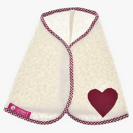The Hobby Horse LarDen Blanket cube red is a white, textured cape with red checkered trim, a maroon heart patch, and a pink LarDen tag—perfect as a charming hobby horse blanket.