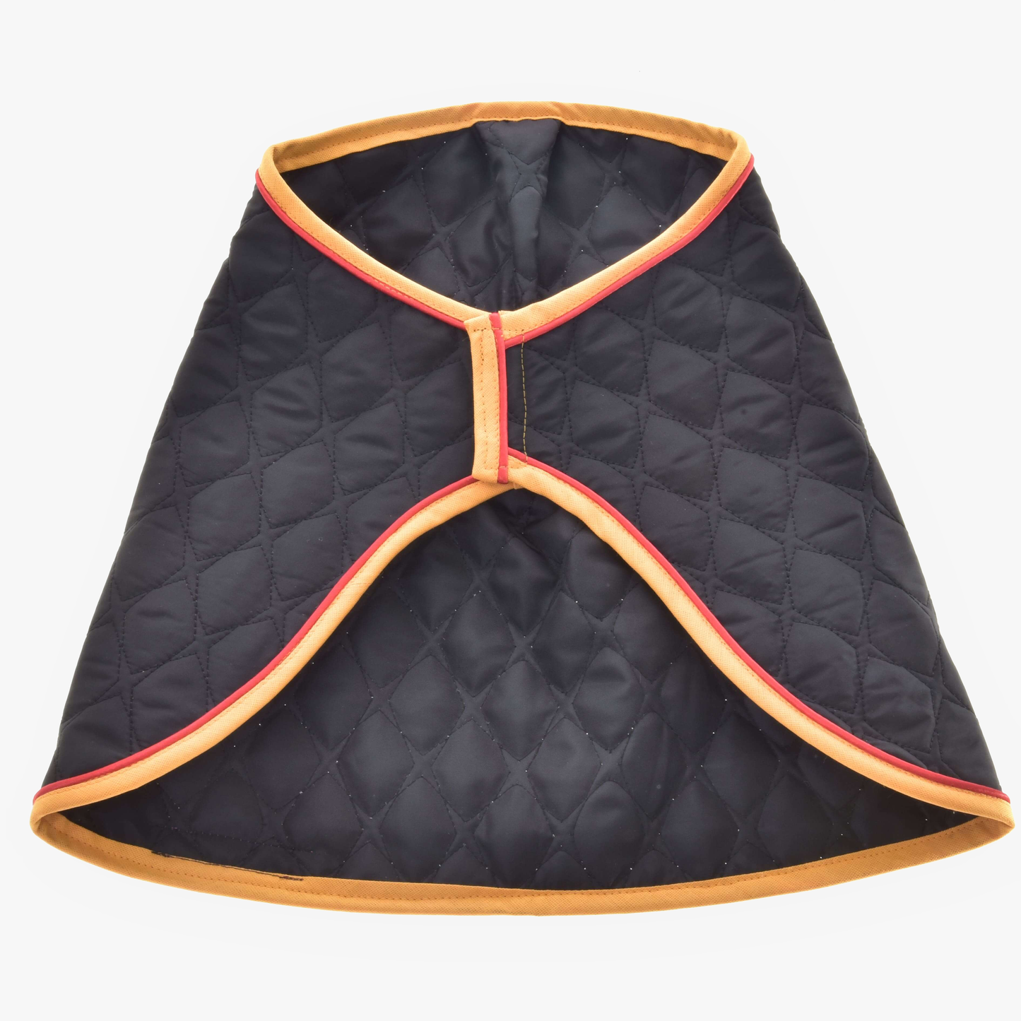 The Blanket Flag by Hobby Horse LarDen is a black quilted cape with tan and red trim, inspired by a warm horse blanket, featuring an open front and diamond stitching.