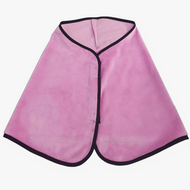 The Blanket Rose by Hobby Horse LarDen is a pink microfiber salon cape with black trim and a front hook-and-loop closure, laid flat on white background, resembling a stylish training or hobby horse blanket.