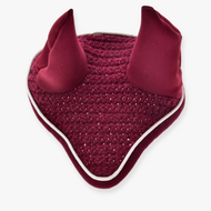 The Hobby Horse LarDen Ear bonnet crocheted Lux Maroon features two pointed ear covers and a white trim, offering insect protection for hobby horses. Displayed on a plain white background.