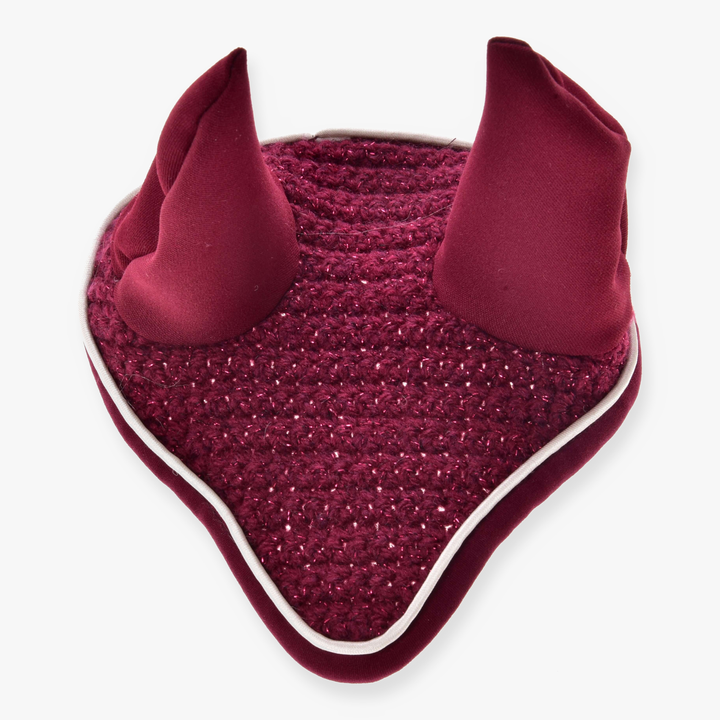 Bonnet d’oreilles au crochet Lux Maroon de LarDen pour Hobby Horse, crochet bordeaux pailleté, oreilles assorties et passepoil blanc