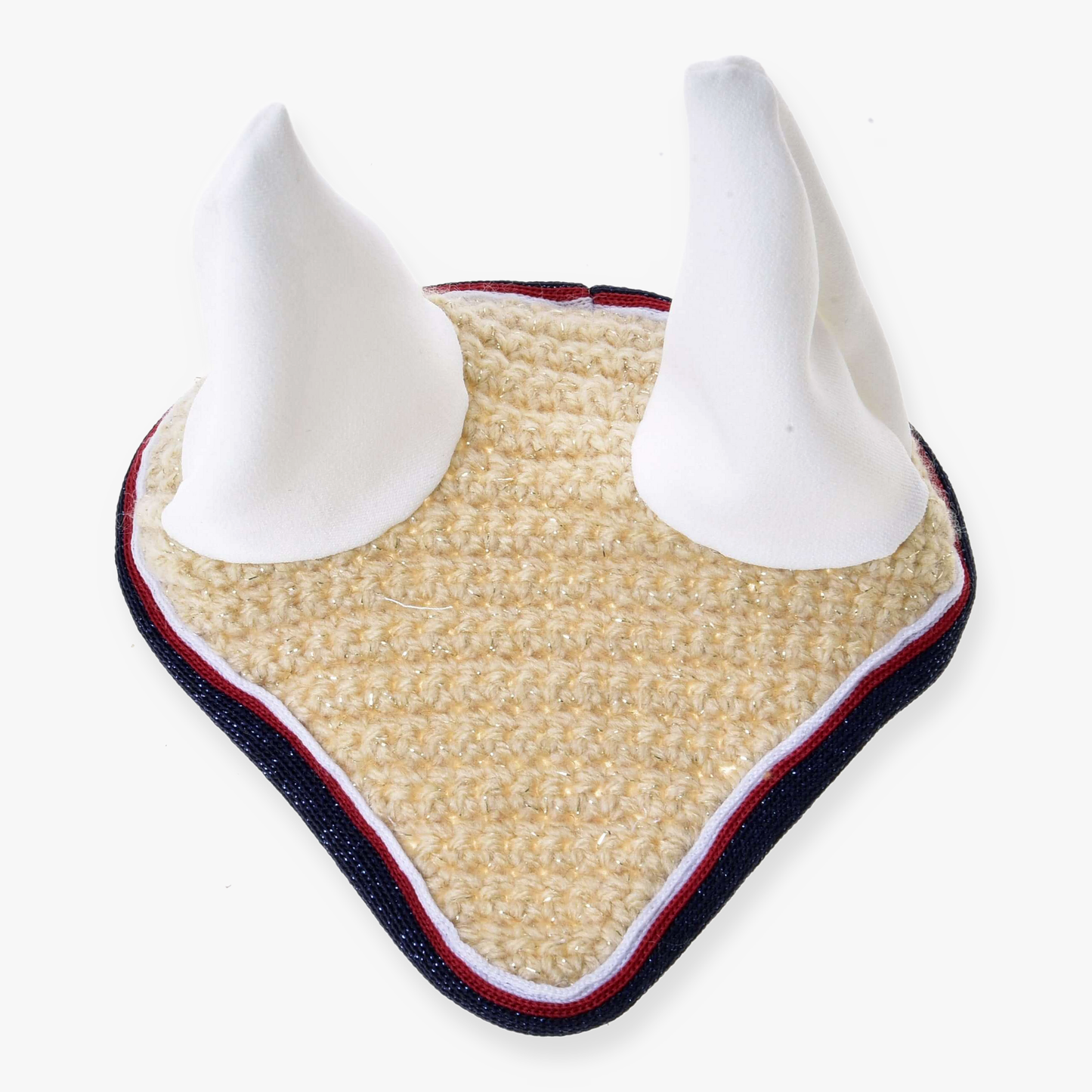 The Hobby Horse LarDen Ear Bonnet Crocheted Nicol is a beige, triangular crochet patch with blue and red borders, topped with two large white soft horns—a unique Christmas ornament for horse lovers.