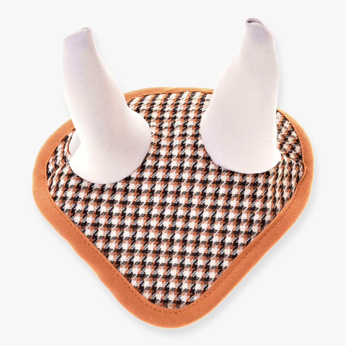 The Hobby Horse LarDen Ear Bonnet English Brown Plaid features a brown and white checkered pattern with two white cone-shaped ears and a light brown border, ideal for horse insect protection.