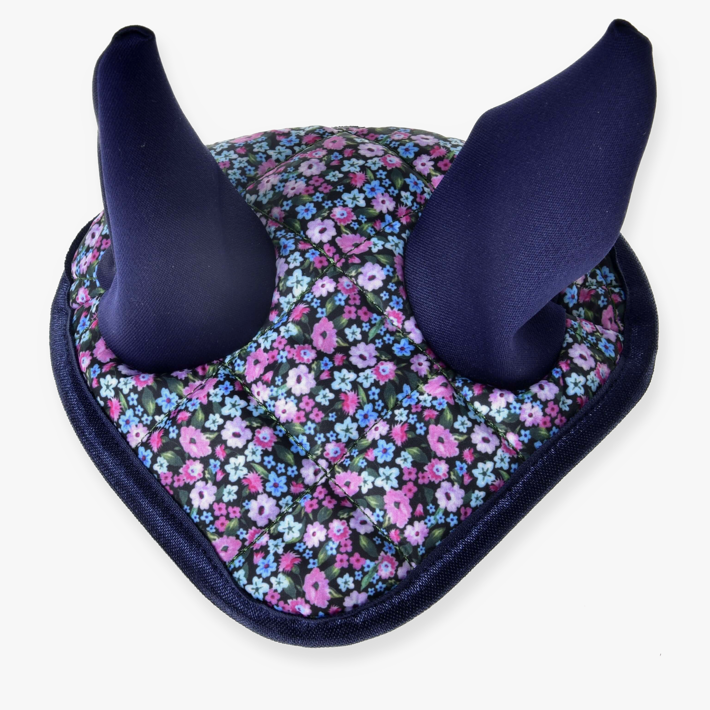 Bonnet d'oreilles Fleur de Hobby Horse LarDen, avec tissu d’oreilles violet et bleu et base ornée de petites fleurs roses, bleues et violettes, offrant à la fois un style charmant et une protection efficace contre les insectes.