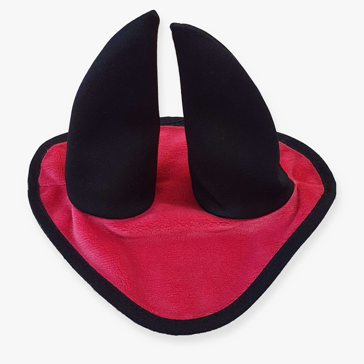 The Hobby Horse LarDen Ear Bonnet Raspberry is a red fabric triangle with a black border and two upright black horns, designed as a costume accessory.