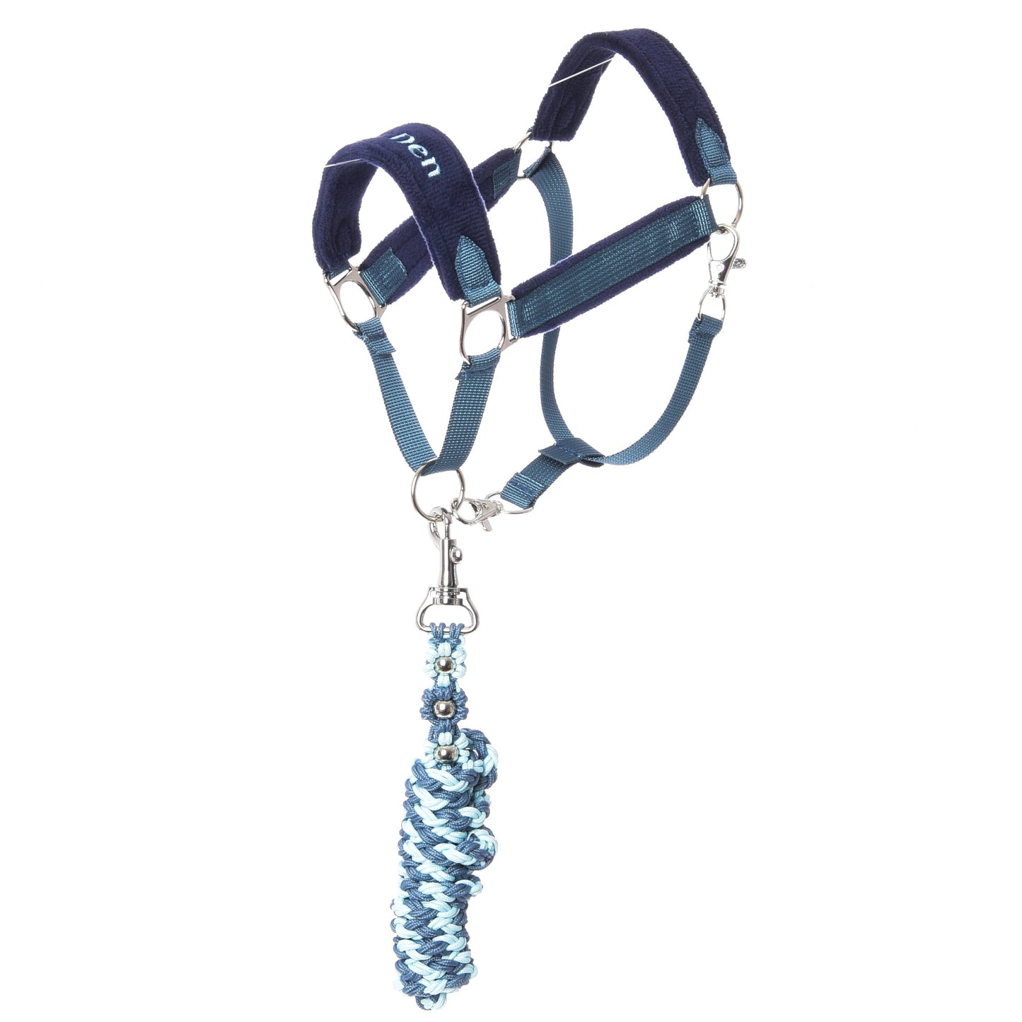 The Hobby Horse LarDen Set LarDen Exclusive Blue is a blue and navy halter with a fleece noseband and an attached coiled blue and white lead rope, shown on a white background.