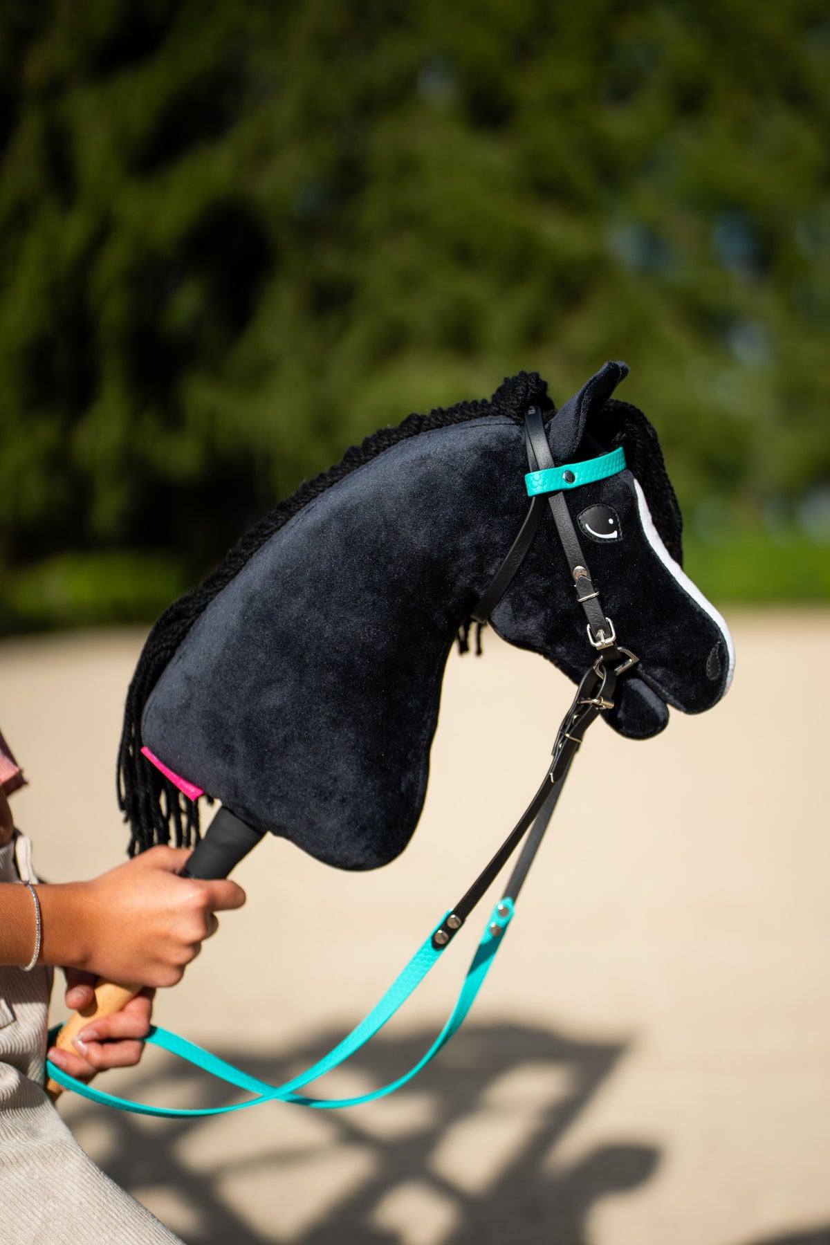 Hobby Horse noir en peluche portant une Bride en similicuir turquoise et noir avec Rênes en extérieur