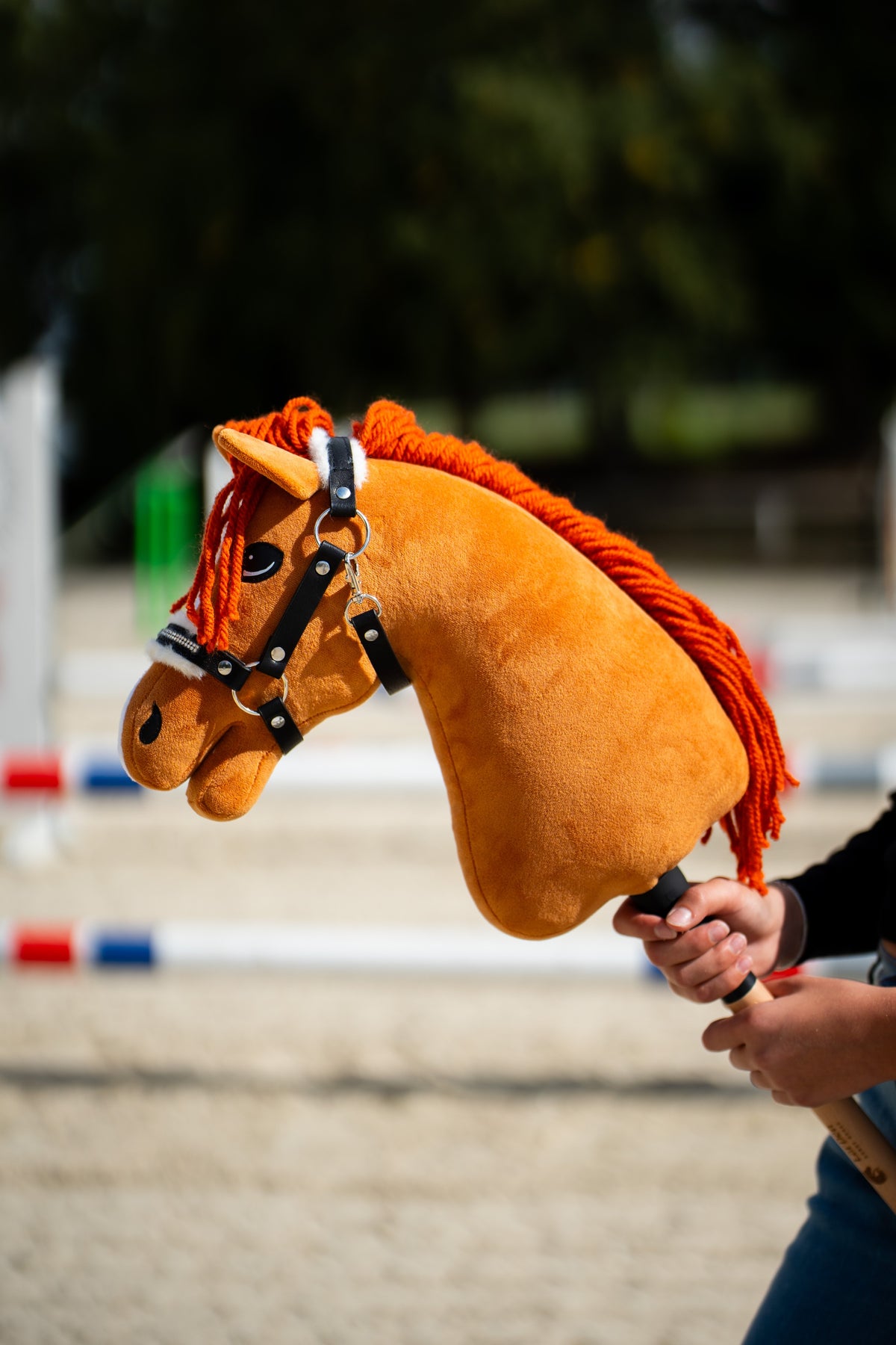 La tête et l’encolure du Hobby Horse Little Angel avec Licol noir de Hobby Horse LarDen tenue dans une carrière de sable, des barres d’obstacle floues derrière, peluche alezane et crinière en fil rouge vif, avec le licol Espresso en similicuir avec fourrure
