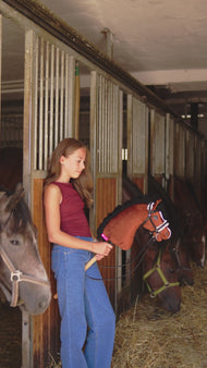 Lifestyle video: a girl in a stable aisle holds the Hobby Horse Rocky by Hobby Horse LarDen while a real grey horse leans out of its box towards it - chestnut brown plush head, white blaze, black yarn mane, wooden stick - shown here with the black complete bridle with fur and reins.