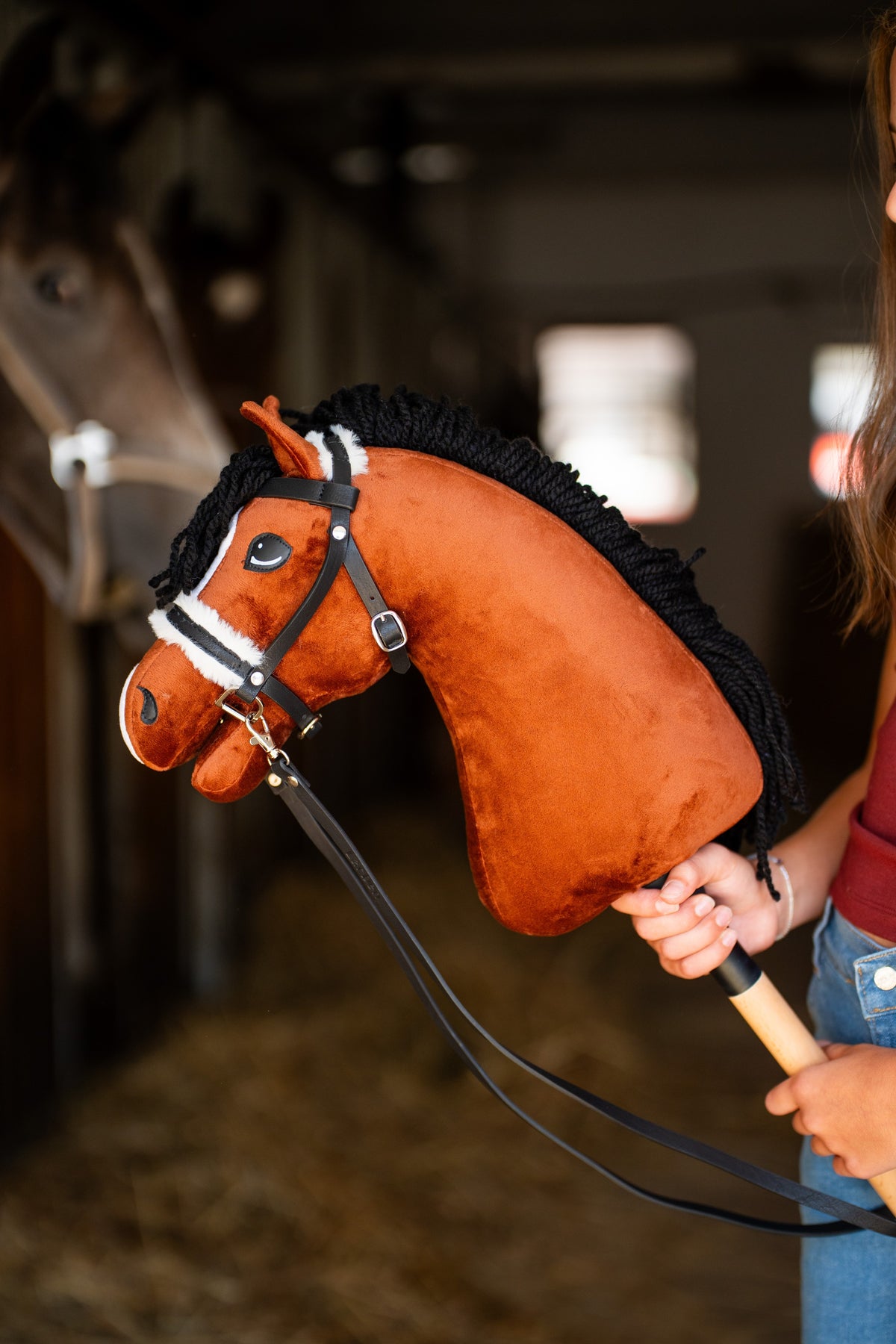 Hobby Horse Rocky alezan à crinière bouclée en laine noire avec bride noire à fourrure blanche et longues rênes, un cheval bai derrière