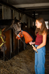Une fille en haut rouge foncé se tient dans l’allée d’une écurie en tenant le Hobby Horse Rocky de Hobby Horse LarDen, tandis que de vrais chevaux observent depuis leurs boxes, tête en peluche alezane avec liste blanche et crinière en fil noir, présenté avec la bride complète noire avec fourrure et rênes
