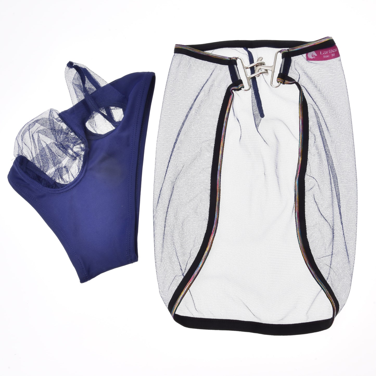 The Set Fly Combo by Hobby Horse LarDen features dark blue mesh underwear and a white mesh skirt with black trim and a clasp, laid flat on a white background—perfect for adding playful flair to your next Hobby Horsing outfit.