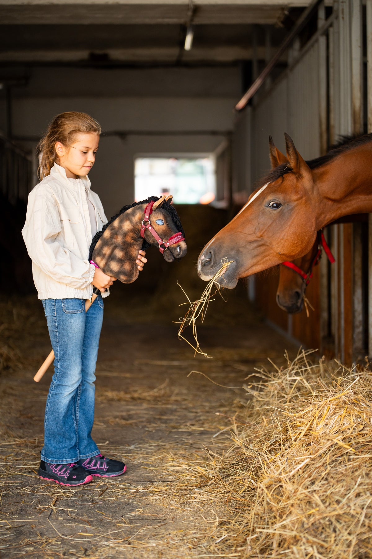 Une fille en veste crème tient le Hobby Horse Stormy avec Licol noir de Hobby Horse LarDen près d’un vrai cheval bai mangeant du foin dans une écurie, tête en peluche marron pommelée et crinière en fil noir, présenté ici avec le licol à fourrure Burgundy en similicuir