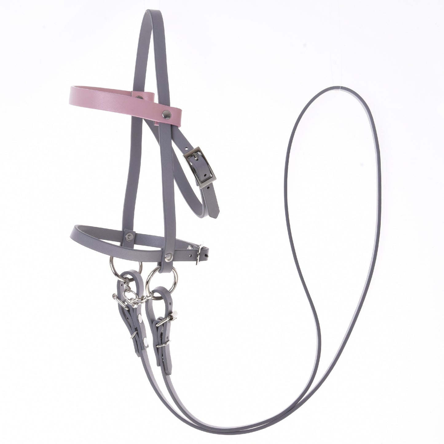 Grey leatherette set - bridle, reins and martingale (size M) 3